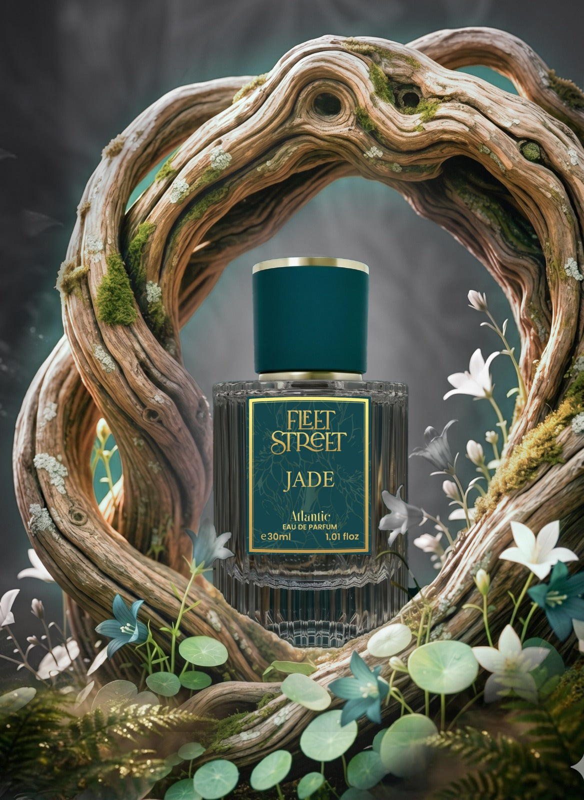 A bottle of Feet Street Jade perfume is centered in front of a sculpted arrangement of twisted tree branches with moss and small white and blue flowers. The bottle has a dark teal cap and a dark green label with gold lettering.