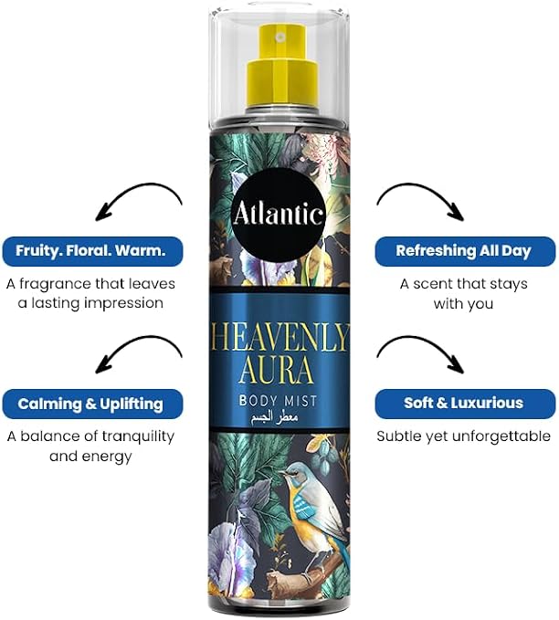 Atlantic Heavenly Aura long lasting body mist for women featuring fruity floral and warm scent notes