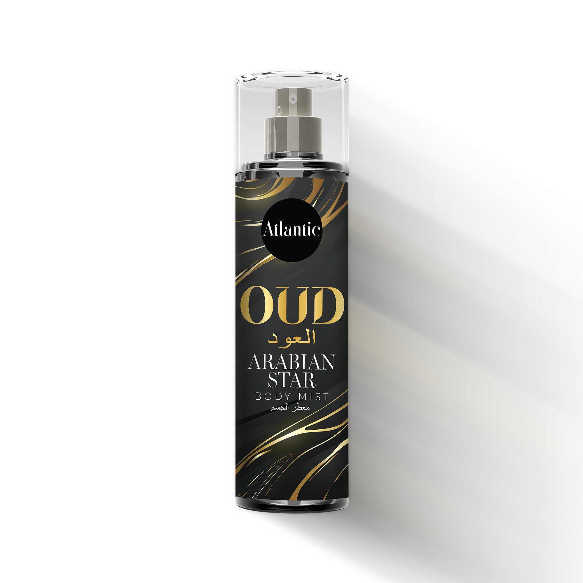 Atlantic Oud Arabian Star long lasting oriental oud body mist spray for men in black and gold bottle