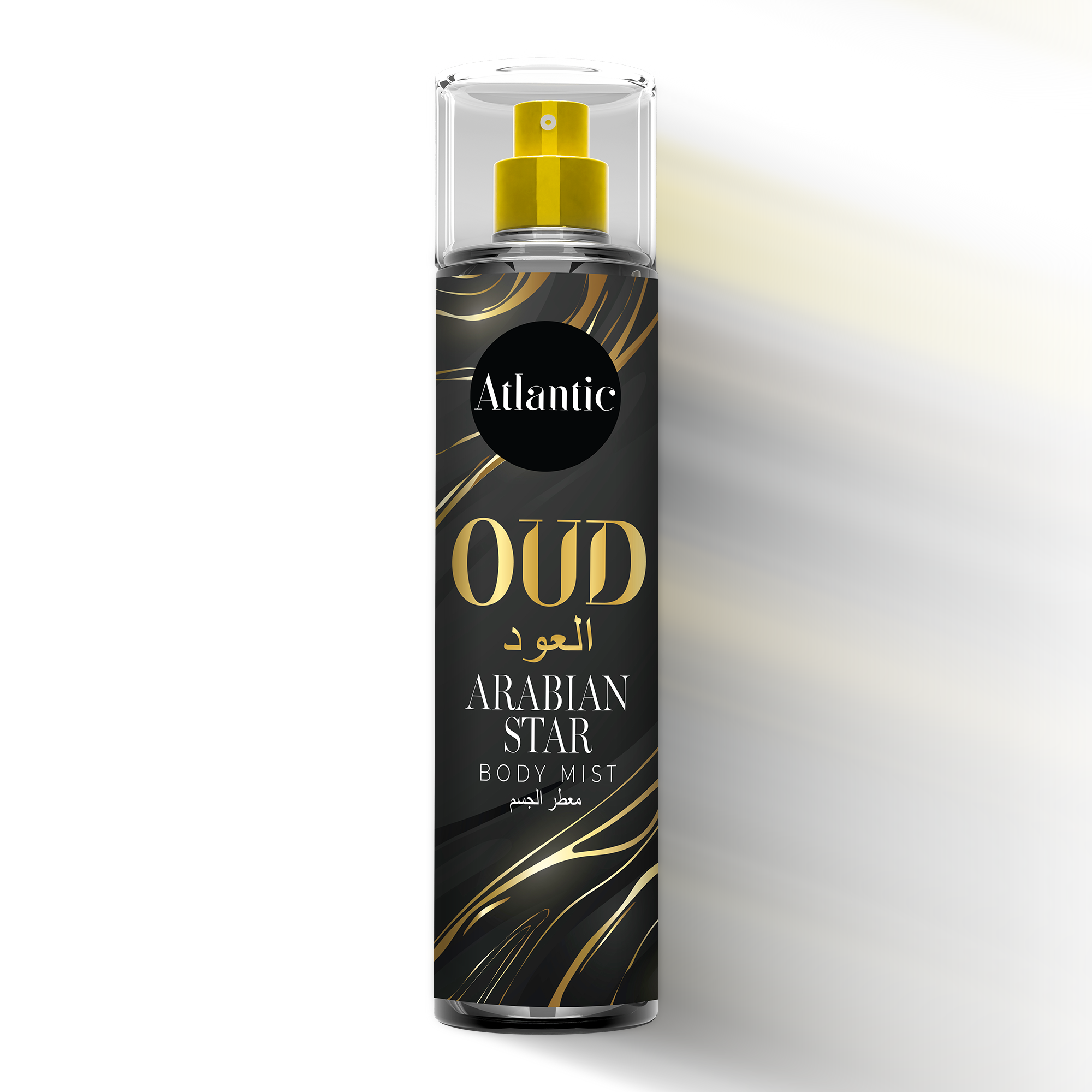 Atlantic Oud Arabian Star long lasting oriental oud body mist spray for men in black and gold bottle